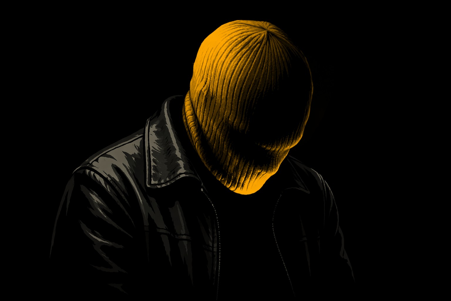 A yellow-masked figure in a black jacket, cropped close against darkness.