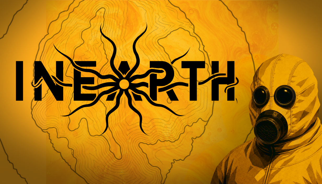 Inearth key art with its branching-root logo and yellow-masked explorer.