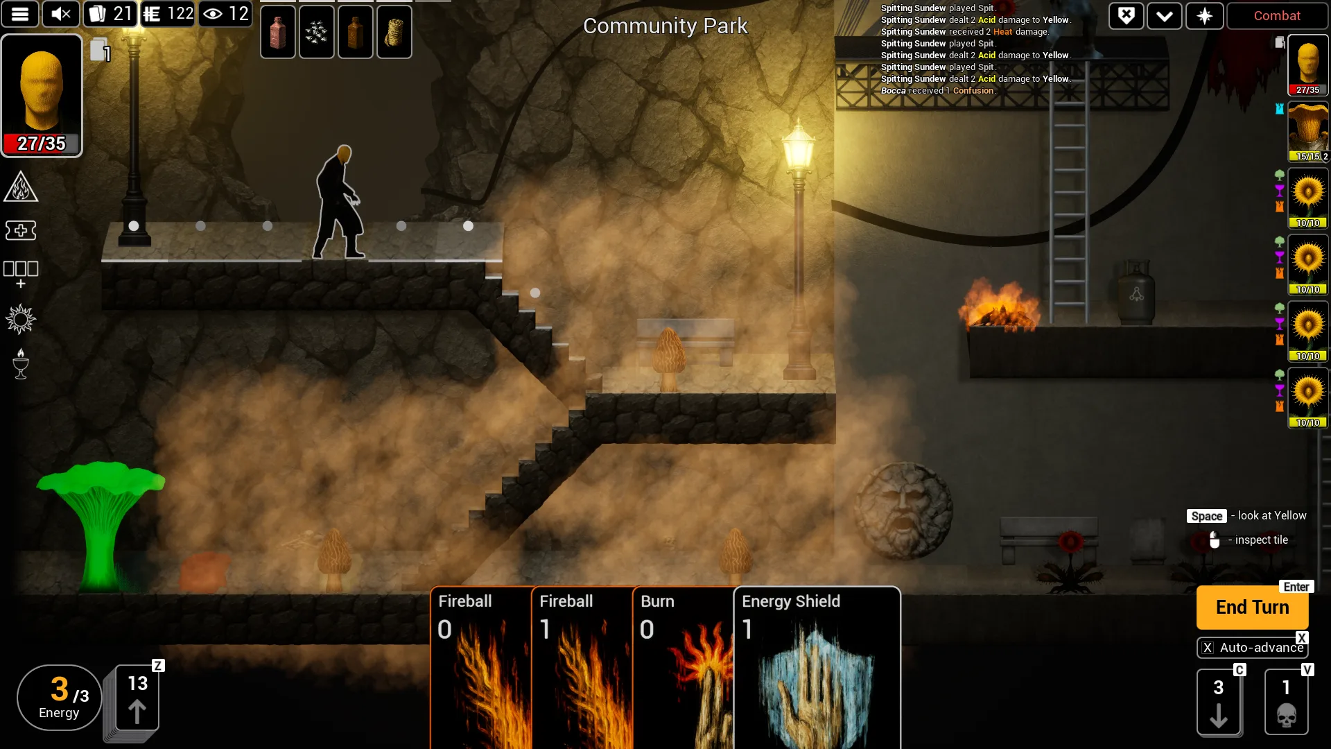 A tactical encounter in Community Park filled with smoke, fire, and unusual underground flora.