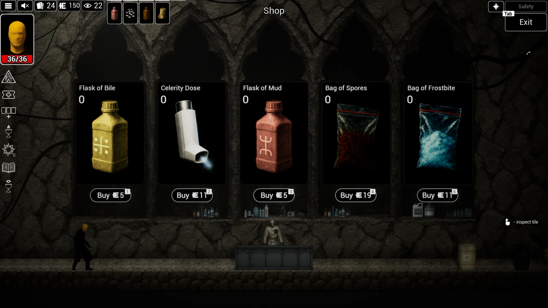 An underground shop offering alchemical flasks and bags of elemental substances.