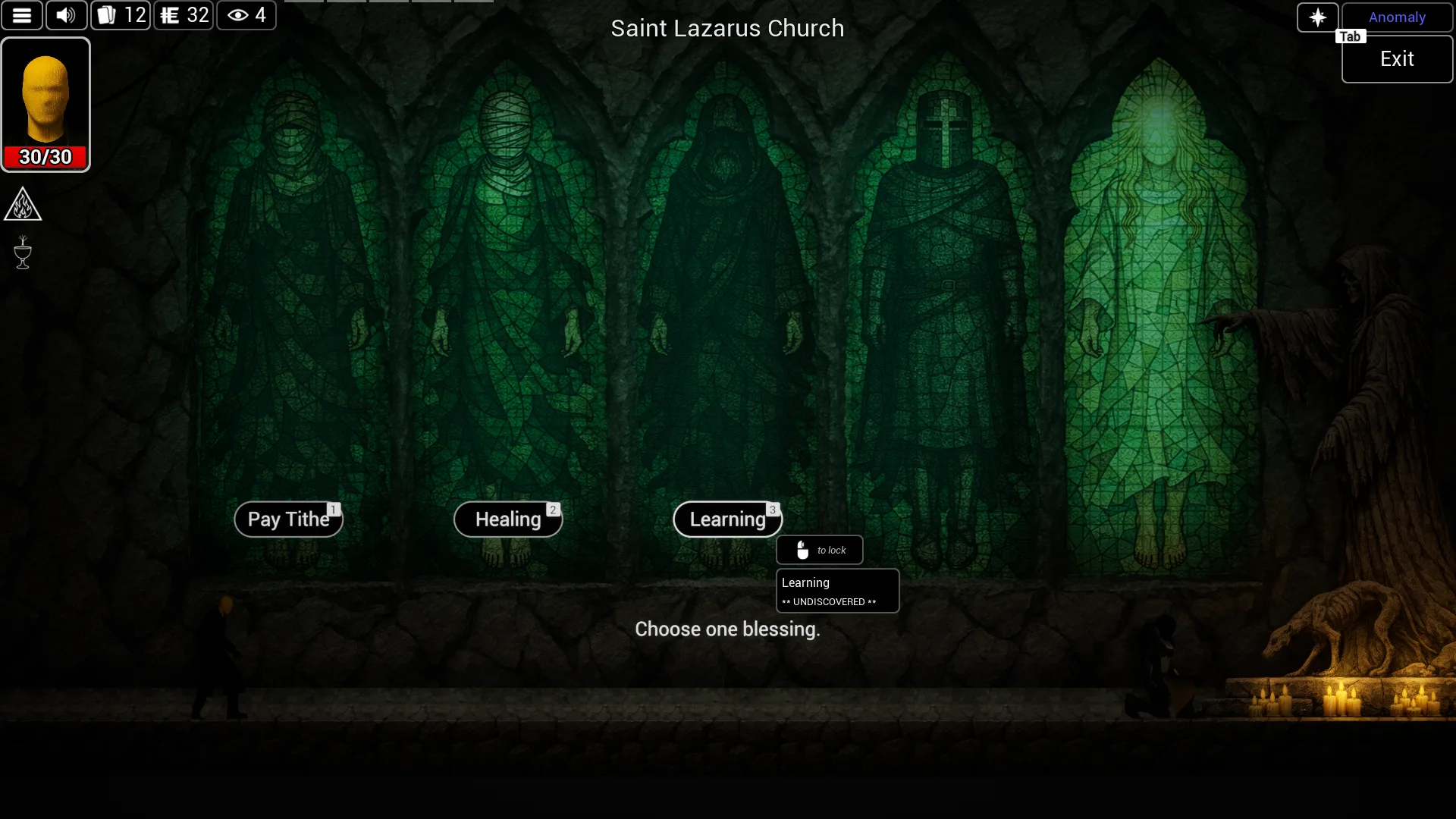 A green-lit underground church with monumental stained-glass figures.