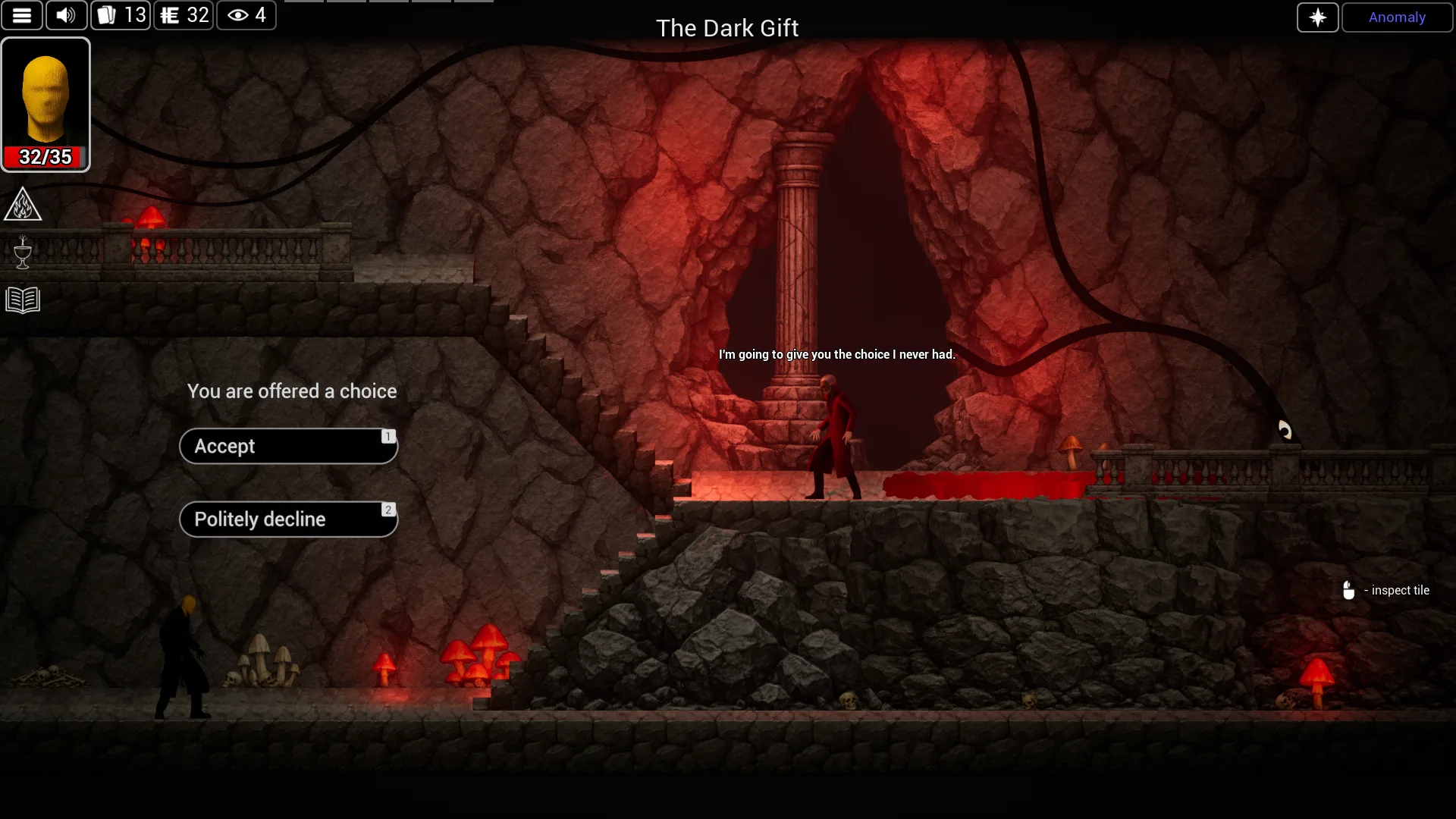 A red-lit cavern where a mysterious figure offers the player a dark gift.