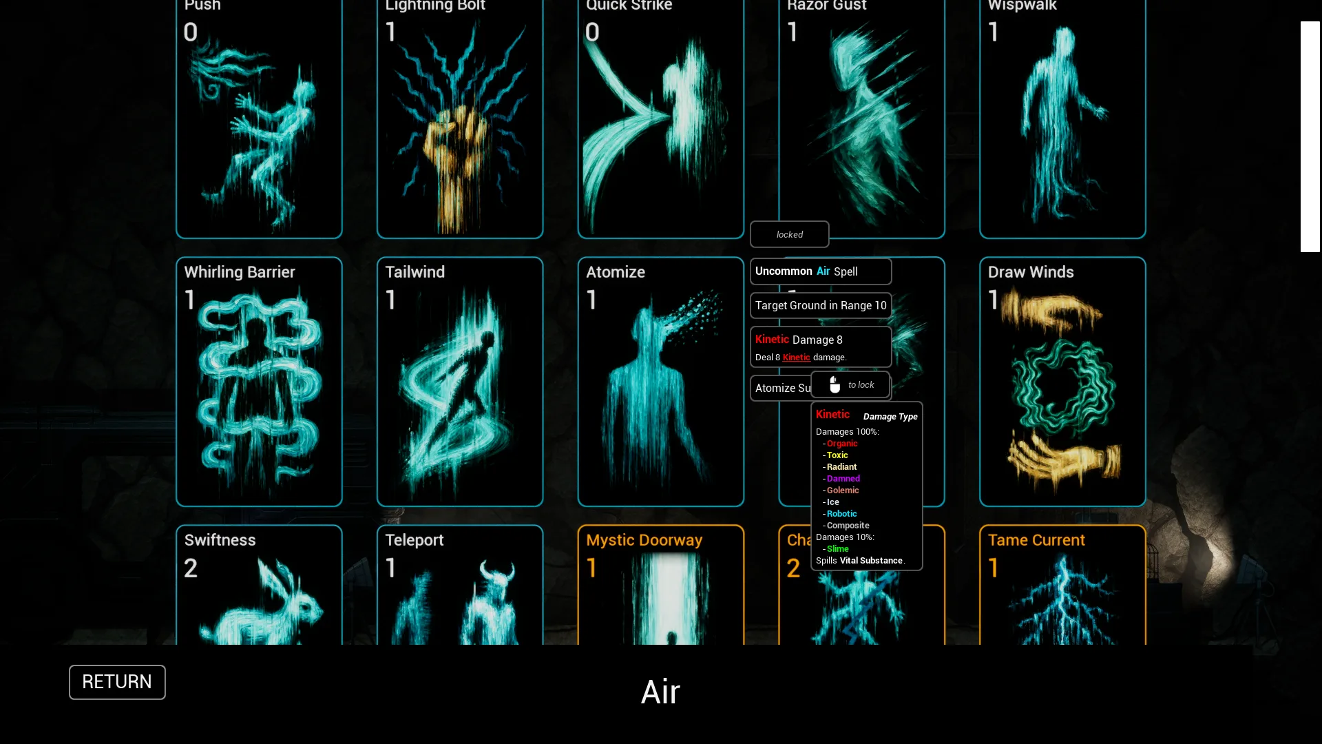 A spell library showing air cards and cascading rules tooltips.