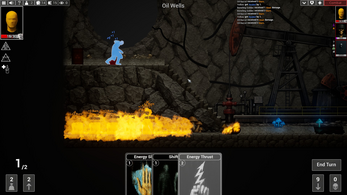 Turn-based combat in an underground room with fire and cards visible.