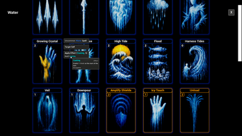 A grid of blue water spell cards with cascading tooltip details.